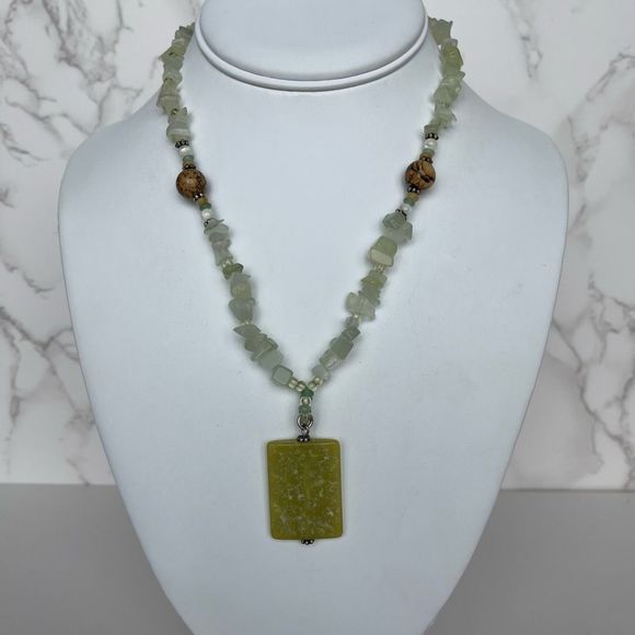 Green Aventurine Stone & Brown Jasper Beaded Pendant Necklace Luck & Prosperity - Picture 3 of 6